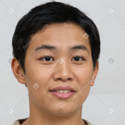 Joyful asian young-adult male with short  brown hair and brown eyes