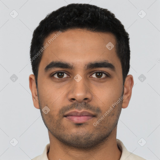 Neutral latino young-adult male with short  black hair and brown eyes