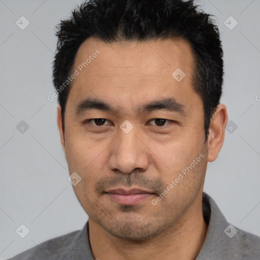 Neutral asian young-adult male with short  black hair and brown eyes