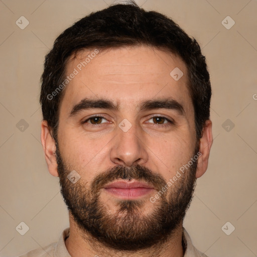 Neutral white young-adult male with short  brown hair and brown eyes