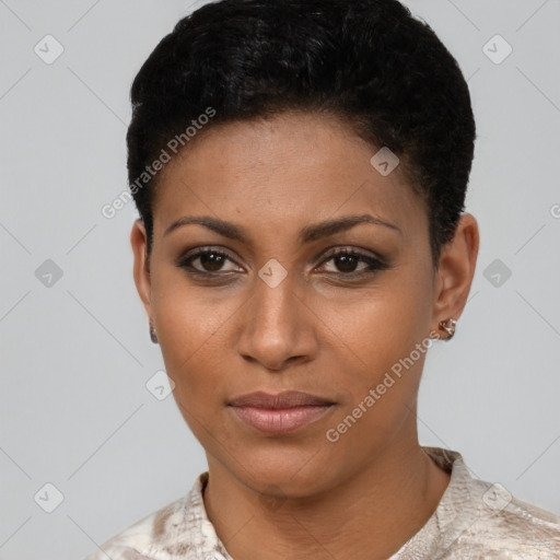 Neutral black young-adult female with short  brown hair and brown eyes