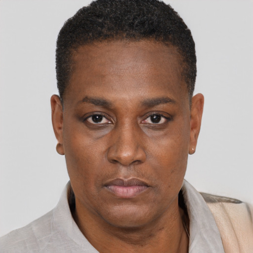 Neutral black young-adult female with short  black hair and brown eyes