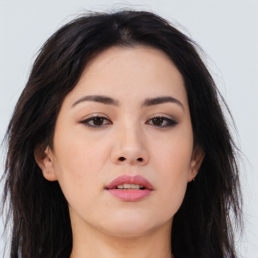 Neutral asian young-adult female with long  brown hair and brown eyes