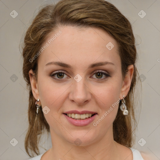 Joyful white young-adult female with medium  brown hair and green eyes