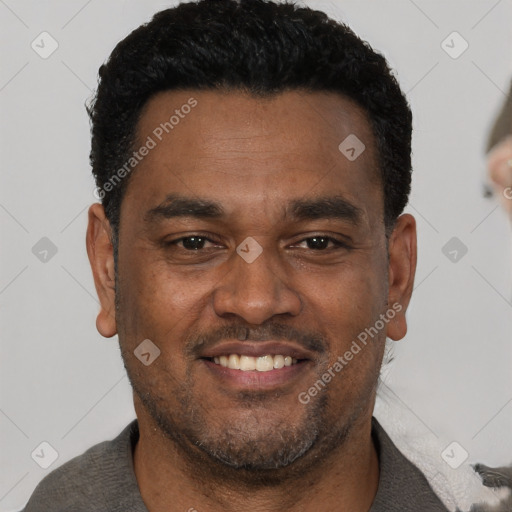 Joyful black adult male with short  black hair and brown eyes