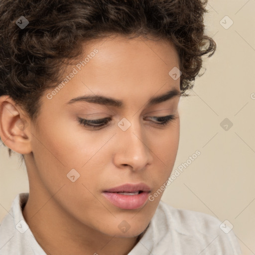 Neutral white young-adult female with short  brown hair and brown eyes