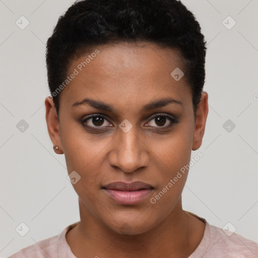 Joyful black young-adult female with short  brown hair and brown eyes