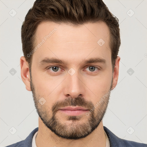 Neutral white young-adult male with short  brown hair and grey eyes