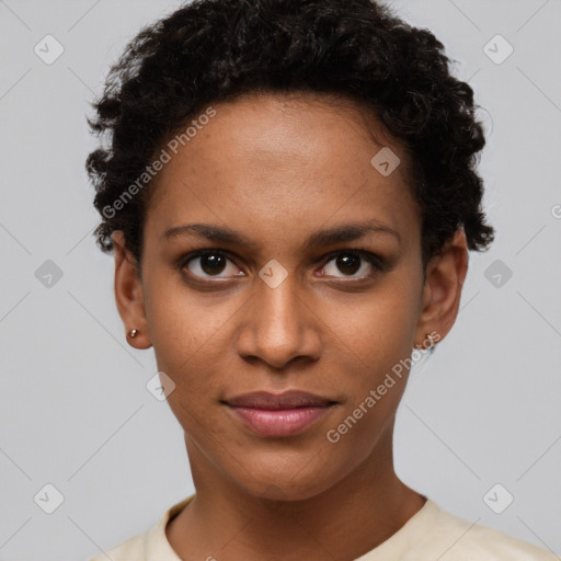 Joyful black young-adult female with short  brown hair and brown eyes