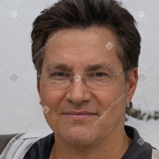 Joyful white middle-aged male with short  brown hair and brown eyes