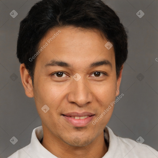 Joyful white adult male with short  black hair and brown eyes