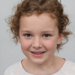 Joyful white child female with short  brown hair and brown eyes