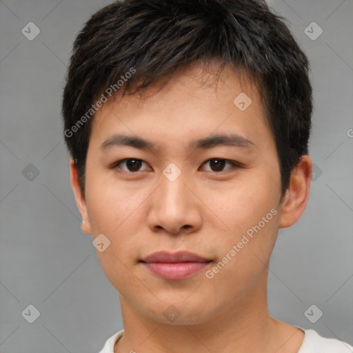 Neutral white young-adult male with short  brown hair and brown eyes