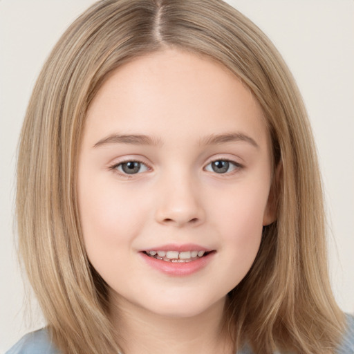 Joyful white child female with medium  brown hair and brown eyes