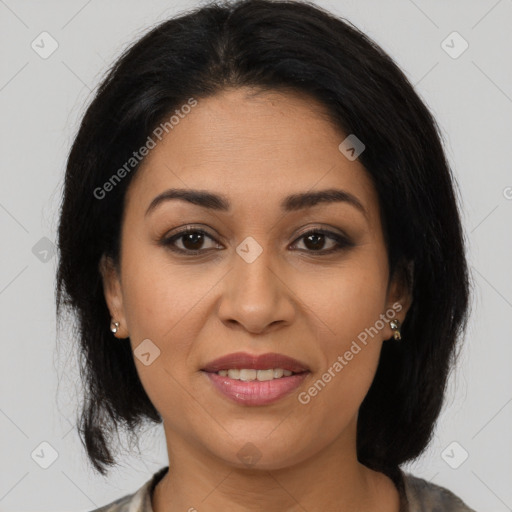 Joyful latino young-adult female with medium  brown hair and brown eyes