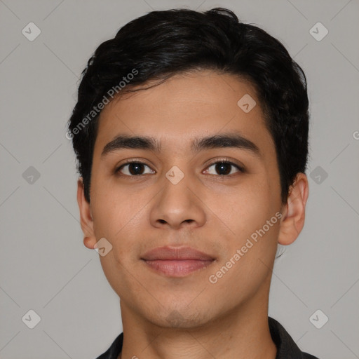 Neutral latino young-adult male with short  black hair and brown eyes