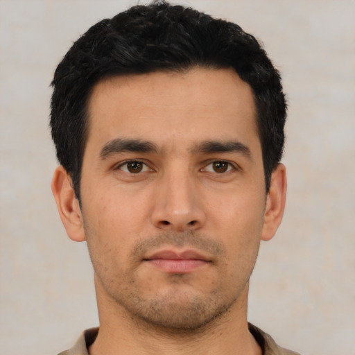 Neutral asian young-adult male with short  black hair and brown eyes