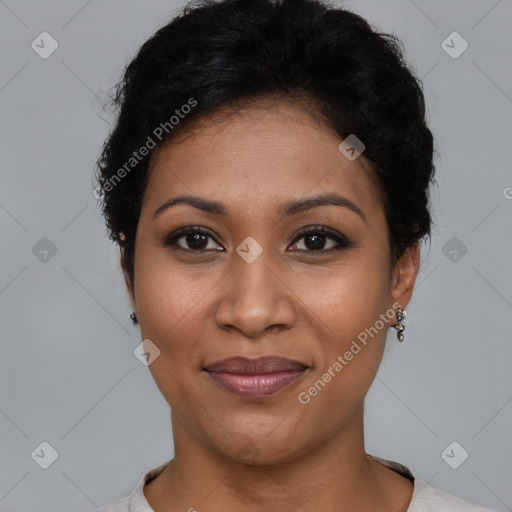 Joyful latino young-adult female with short  black hair and brown eyes