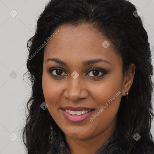 Joyful black young-adult female with long  brown hair and brown eyes