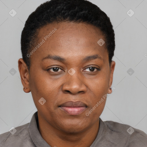 Joyful black young-adult female with short  black hair and brown eyes
