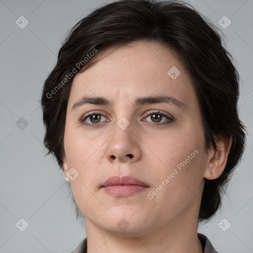 Neutral white young-adult female with medium  brown hair and brown eyes