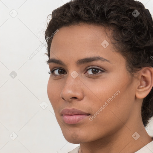 Neutral white young-adult female with short  brown hair and brown eyes