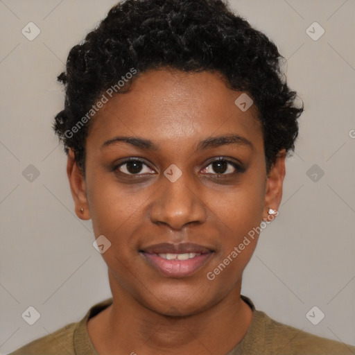 Joyful black young-adult female with short  black hair and brown eyes