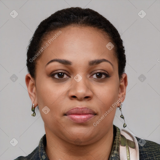 Joyful latino young-adult female with short  brown hair and brown eyes