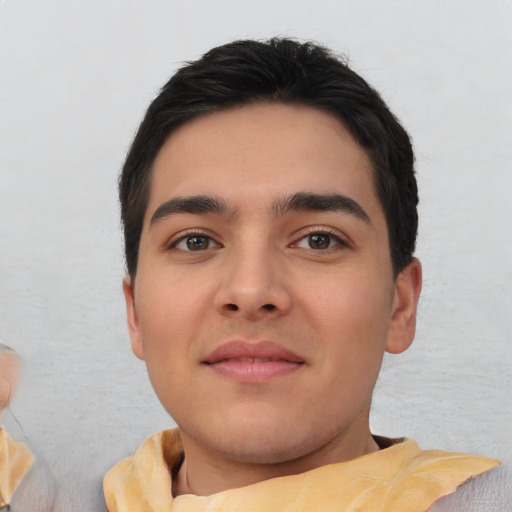 Neutral white young-adult male with short  black hair and brown eyes