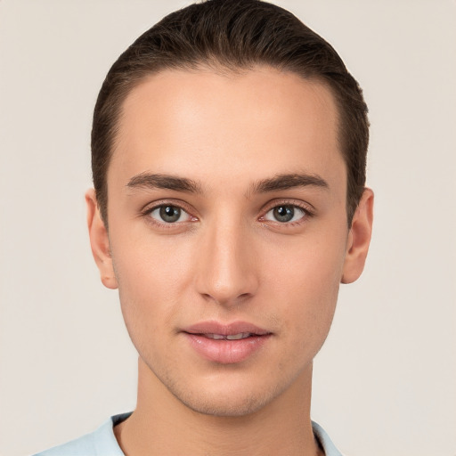 Neutral white young-adult male with short  brown hair and brown eyes