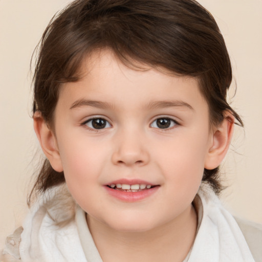 Joyful white child female with medium  brown hair and brown eyes