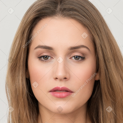 Neutral white young-adult female with long  brown hair and brown eyes