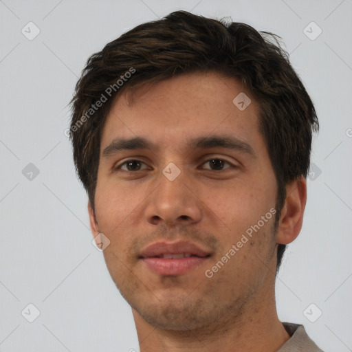 Neutral white young-adult male with short  brown hair and brown eyes