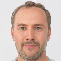 Neutral white adult male with short  brown hair and grey eyes
