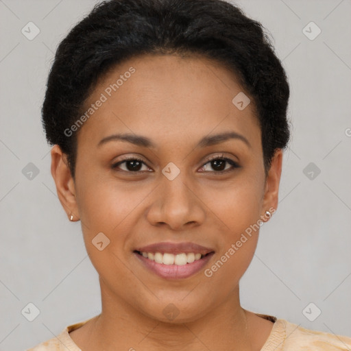 Joyful latino young-adult female with short  brown hair and brown eyes