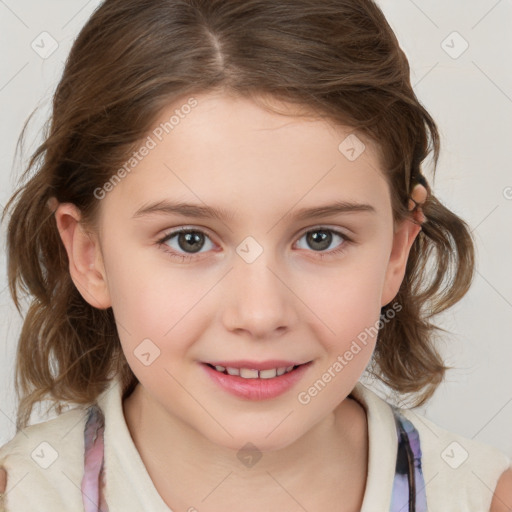 Joyful white child female with medium  brown hair and brown eyes