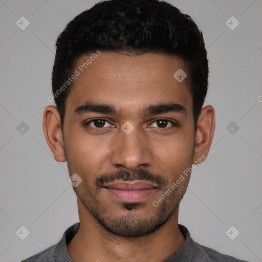 Neutral latino young-adult male with short  black hair and brown eyes