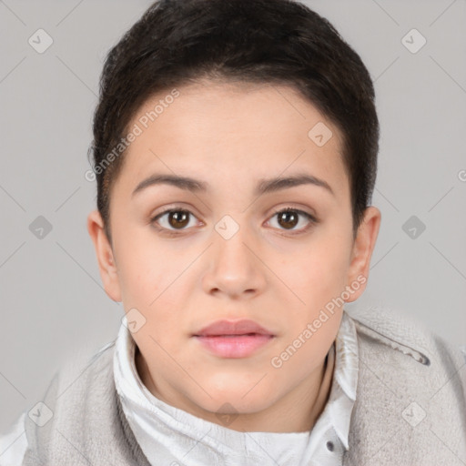 Neutral white young-adult female with short  brown hair and brown eyes