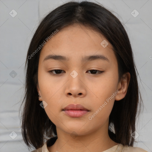 Neutral asian young-adult female with medium  brown hair and brown eyes