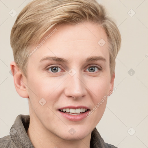 Joyful white young-adult female with short  brown hair and grey eyes