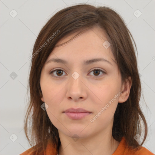 Neutral white young-adult female with medium  brown hair and brown eyes