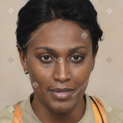 Neutral black young-adult female with short  brown hair and brown eyes