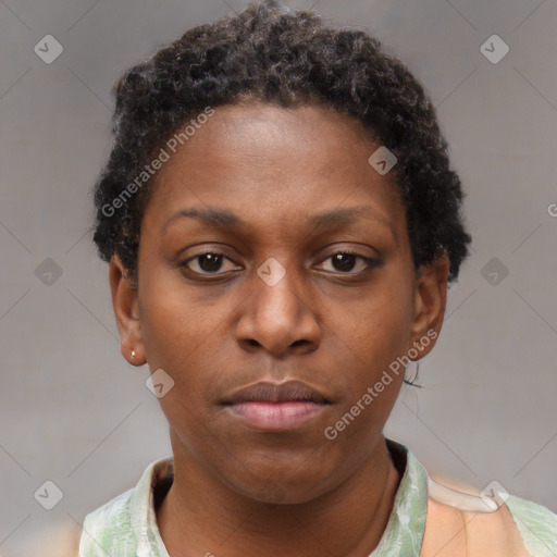 Neutral black young-adult female with short  brown hair and brown eyes