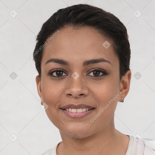 Joyful white young-adult female with short  brown hair and brown eyes