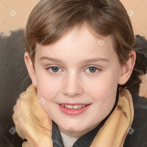 Joyful white child female with medium  brown hair and brown eyes