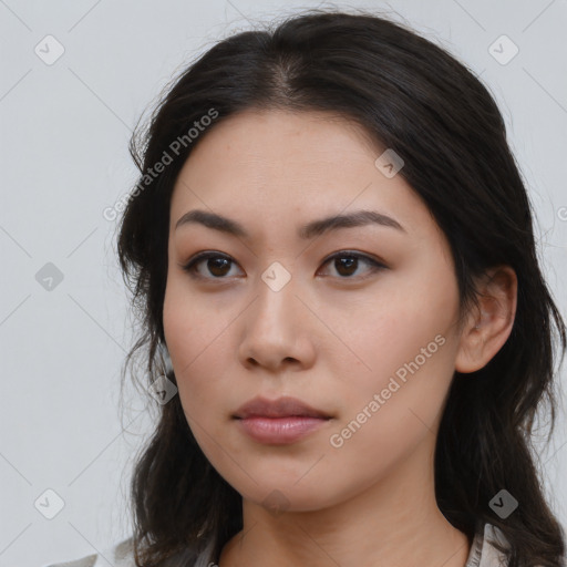 Neutral asian young-adult female with medium  brown hair and brown eyes