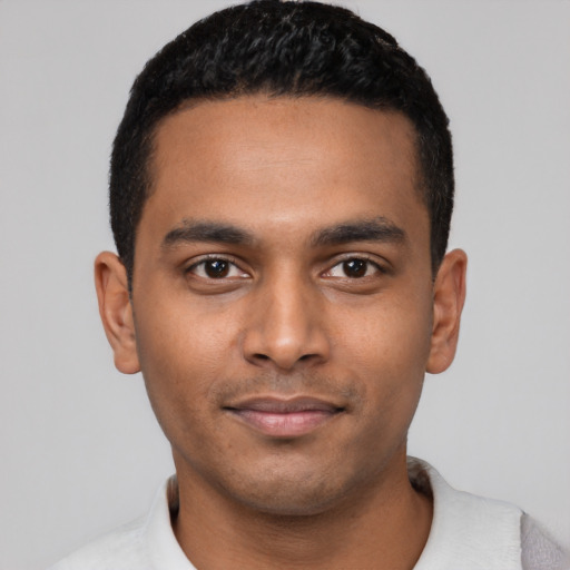 Neutral latino young-adult male with short  black hair and brown eyes