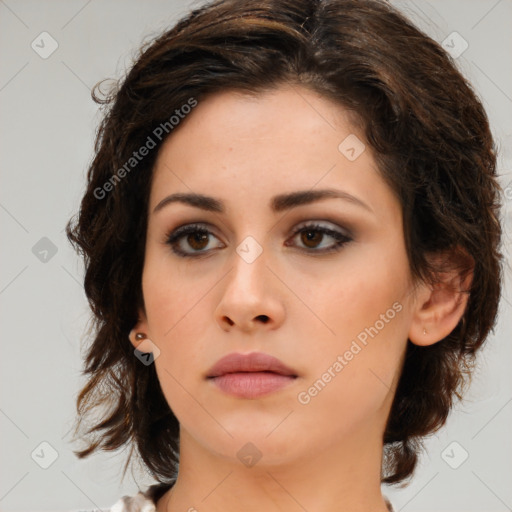 Neutral white young-adult female with medium  brown hair and brown eyes