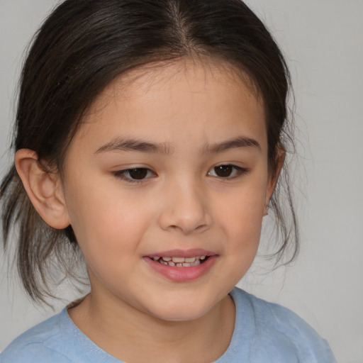 Joyful white child female with medium  brown hair and brown eyes