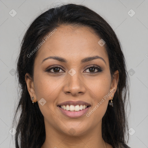 Joyful latino young-adult female with long  brown hair and brown eyes